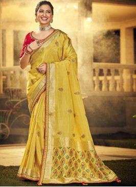 Spectacular Resham Yellow Designer Saree