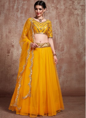 Spectacular Sequins Mustard Net Trendy Lehenga Choli