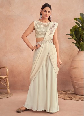 Spectacular Silk Off White Designer Lehenga Style Saree