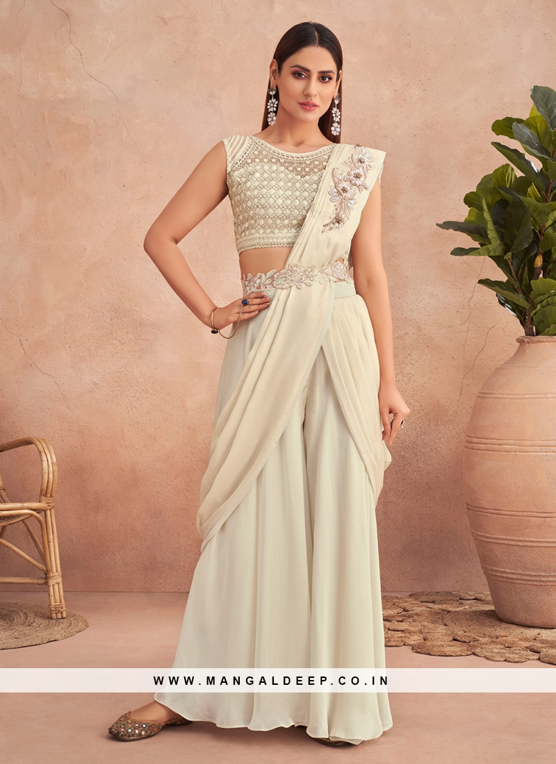 Off-white Shimmer Drape Saree – Nitika Gujral