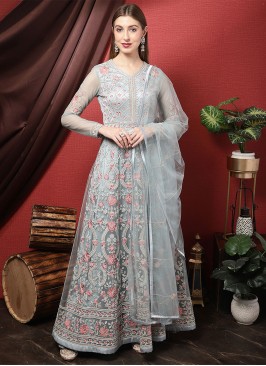 Spectacular Thread Work Aqua Blue Net Anarkali Salwar Suit