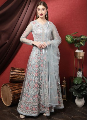 Spectacular Thread Work Aqua Blue Net Anarkali Salwar Suit