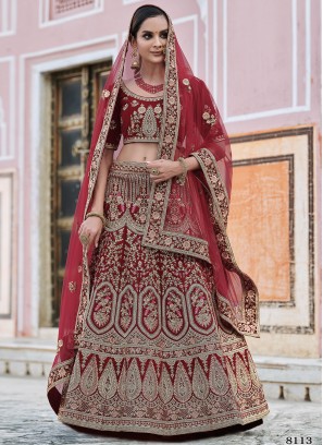 Spectacular Velvet Maroon Patch Border Lehenga Choli