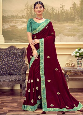 Spectacular Vichitra Silk Embroidered Wine Traditional Designer Saree