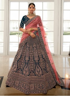 Spellbinding Embroidered Blue Velvet A Line Lehenga Choli