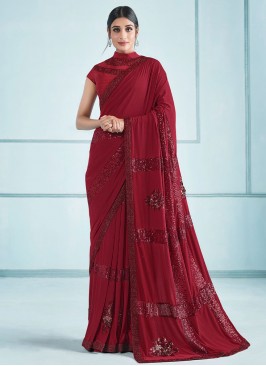 Spellbinding Embroidered Red Lycra Designer Saree