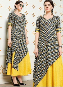 Spellbinding Fancy Fabric Print Black and Yellow Party Wear Kurti