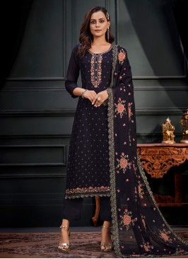 Spellbinding Georgette Embroidered Navy Blue Trendy Suit