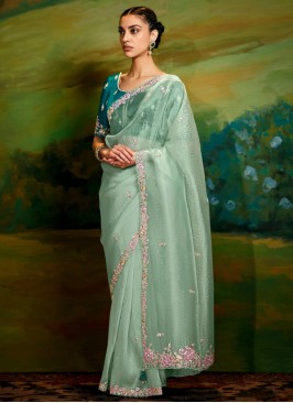 Spellbinding Green Embroidered Fancy Fabric Designer Saree