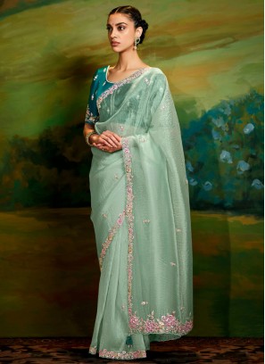 Spellbinding Green Embroidered Fancy Fabric Designer Saree