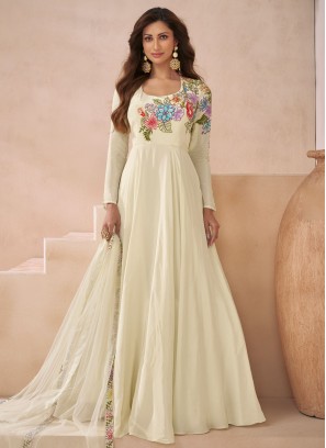 Spellbinding Off White Embroidered Silk Readymade Floor Length Gown 