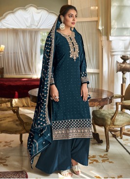 Spellbinding Teal Diamond Georgette Trendy Salwar Kameez