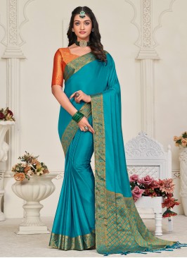 Splendid Border Chinon Firozi Saree