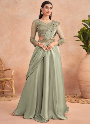 Splendid Sea Green Embroidered Silk Lehenga Style Saree