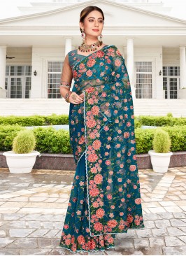 Splendid Stone Work Net Morpeach  Contemporary Saree