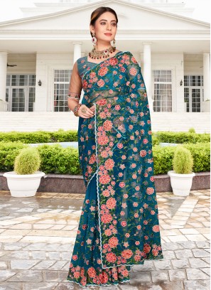 Splendid Stone Work Net Morpeach  Contemporary Saree