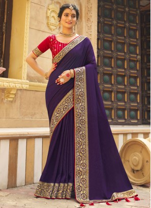 Splendid Vichitra Silk Purple Embroidered Trendy Saree