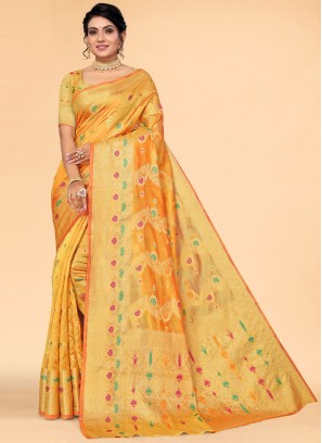 Splendid Woven Organza Yellow Saree
