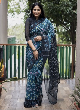 Staggering Cotton Digital Print Teal Saree