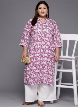 Staggering Cotton Pink and White Printed Party Wear Kurti