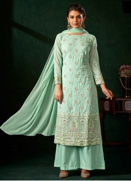 Staggering Embroidered Sea Green Georgette Palazzo Salwar Kameez