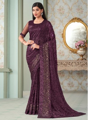 Staggering Purple Sequins Georgette Saree