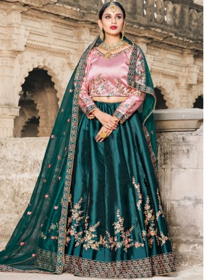 Staggering Satin Embroidered Green Lehenga Choli