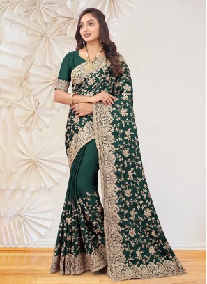 Staggering Satin Silk Green Designer Saree