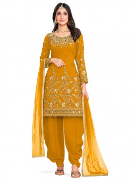 Staggering Silk Embroidered Mustard Patiala Salwar Suit