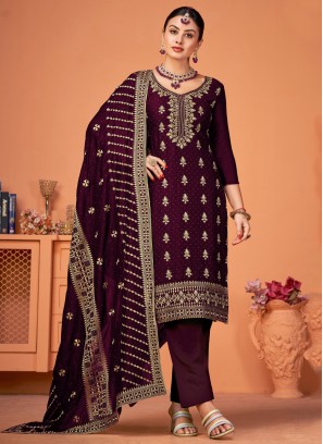 Staggering Vichitra Silk Wine Embroidered Pant Style Suit