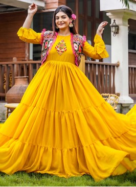 Staggering Yellow Embroidered Floor Length Gown