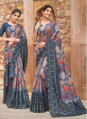 Staring Blue Silk Trendy Saree