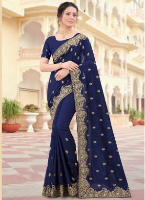 Staring Embroidered Blue Vichitra Silk Traditional Designer Saree