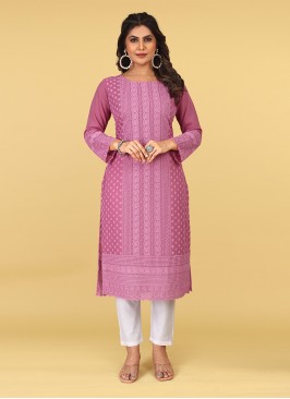 Staring Georgette Embroidered Pink Party Wear Kurti