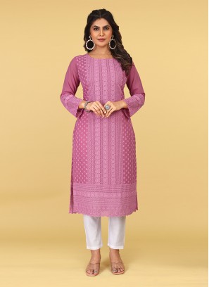 Staring Georgette Embroidered Pink Party Wear Kurti