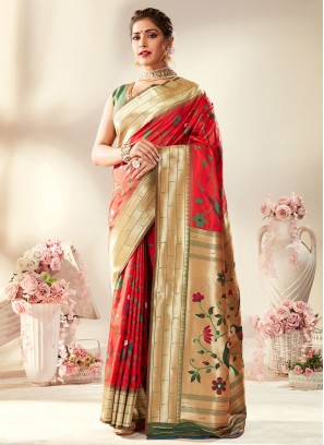 Staring Pure Silk Gold and Red Meenakari Traditional Saree