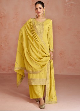 Staring Yellow Embroidered Silk Trendy Salwar Suit