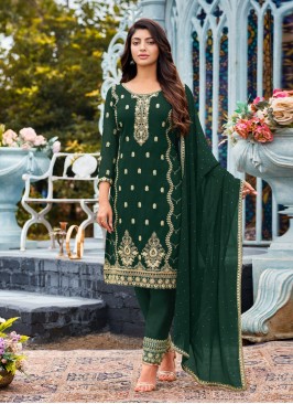 Sterling Faux Georgette Embroidered Green Designer Straight Suit