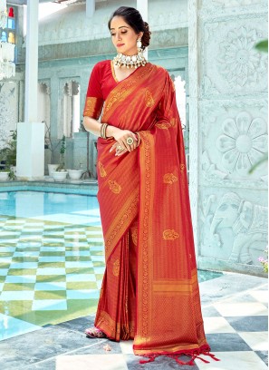 Sterling Kanchipuram Silk Orange Classic Saree