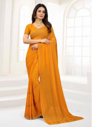 Stone Faux Chiffon Trendy Saree in Mustard