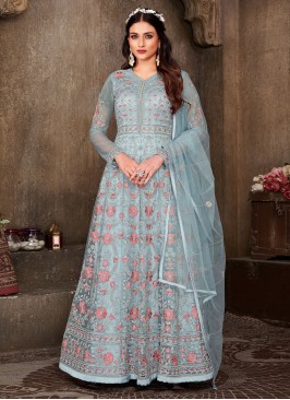 Stone Net Long Length Salwar Kameez in Aqua Blue