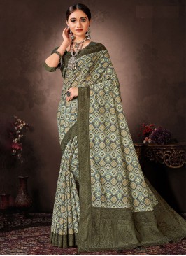 Stone Work Chanderi Silk Saree in Green