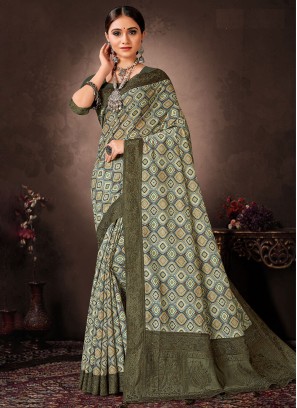 Stone Work Chanderi Silk Saree in Green