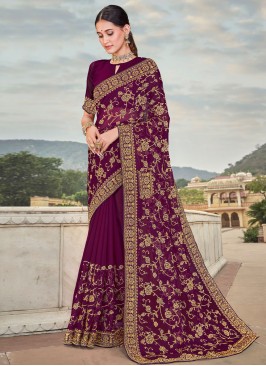 Stone Work Georgette Saree in Burgundy