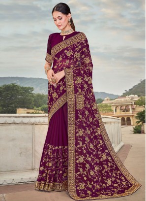 Stone Work Georgette Saree in Burgundy