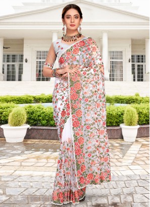 Stone Work Net Classic Saree in White