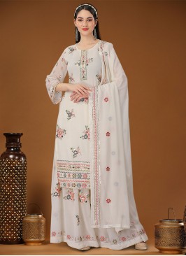 Straight Salwar Kameez Sequins Georgette in Off White