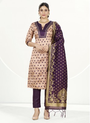 Straight Salwar Suit Woven Banarasi Silk in Peach