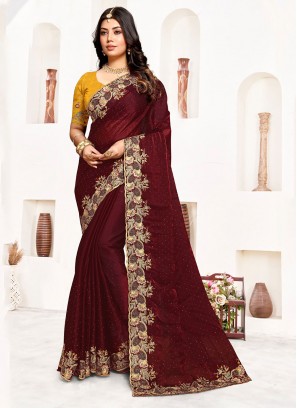 Strange Embroidered Maroon Designer Saree