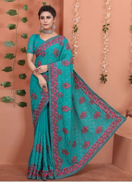 Strange Firozi Georgette Designer Traditional Saree